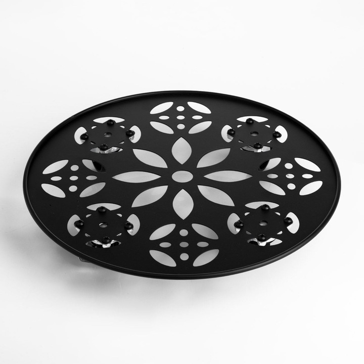 Suport ghiveci flori negru metalic cu roti & model floral ø30.5x6cm