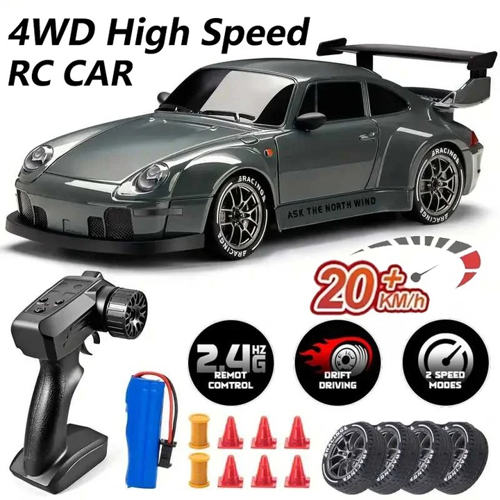 Drift RC távirányítós sportautó 1:24, 4WD, 20km/h, 2,4 GHz-es távirányítós sportautó, LED lámpákkal, dupla motorral, 2 db gumikerékkel (utcai + drift), újratölthető akkumulátorral, fiújáték, gyermek ajándék