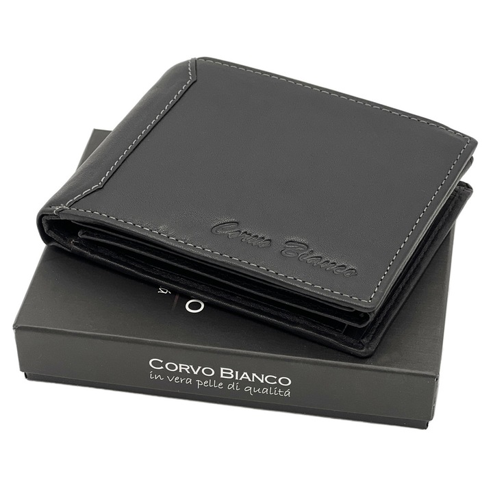 Portofel Barbati Elegant Din Piele Naturala, Corvo Bianco, 12x10x2,5 cm, Compatibil cu Buletin, Permis, Bancnote Romanesti, Varianta Fara Capsa