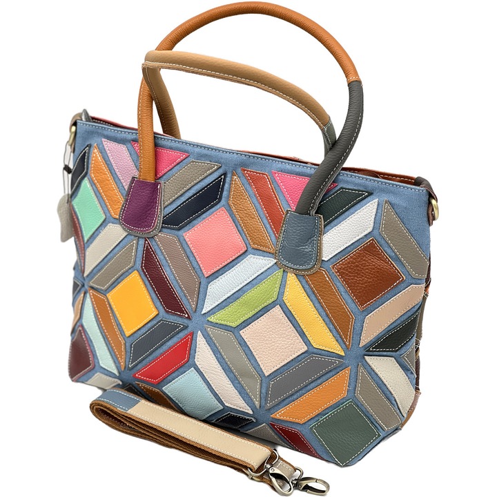Geanta de umar dama din piele naturala multicolora, 40x29x16 cm
