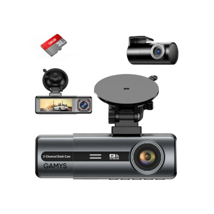 GAMYS® Автомобилна камера, 3 обектива, 24/7, 4K, радар и сензор за движение - GPS, сензор за сблъсък, режим на паркиране, включена карта памет 128GB