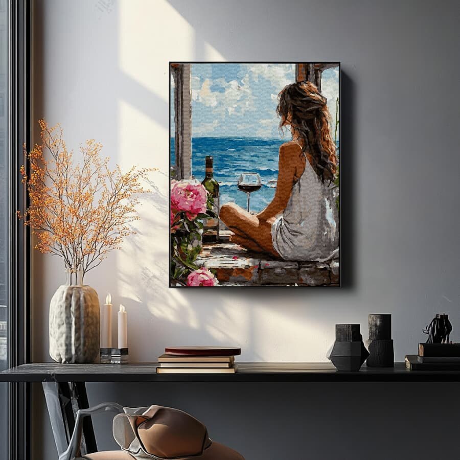 Set pictura pe numere, cu sasiu, Femeia si marea, 40x50 cm - eMAG.ro