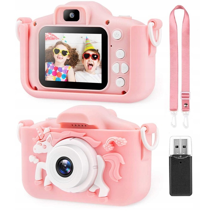 Aparat digital pentru copii, Galaxia, 5MP, roz, cu card de memorie 4GB inclus