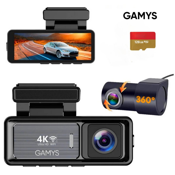 Видеорегистратор GAMYS, 4K Ultra HD, двоен обектив, нощно виждане, WiFi, GPS, включена 128GB карта