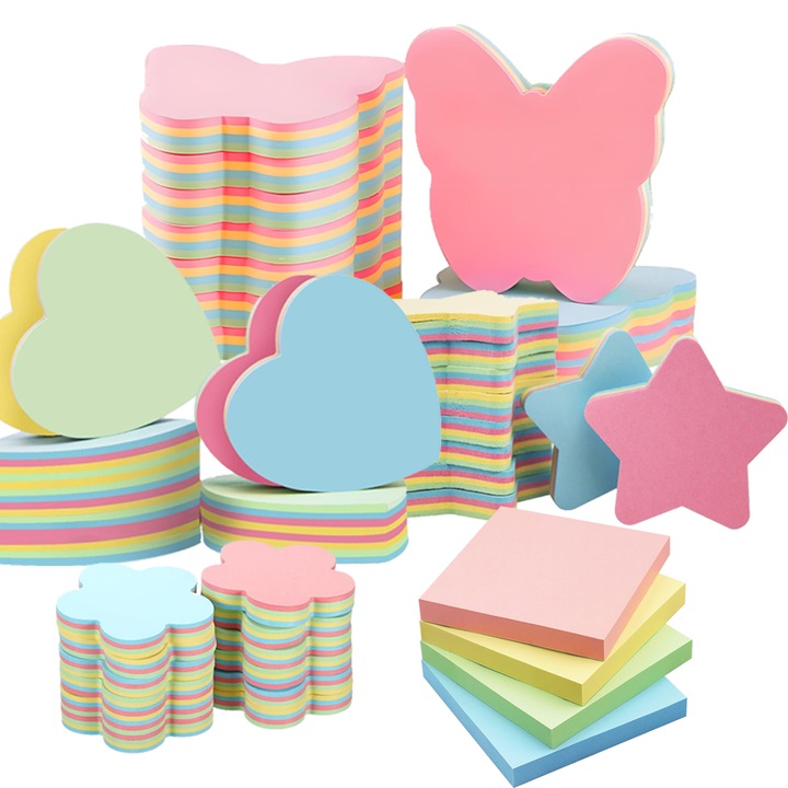 8 seturi de biletele autoadezive/notite colorate imbunatatite pentru birou, aderenta si grosime imbunatatite a hartiei (4 patrate + 1 stea + 1 inima + 1 floare + 1 fluture) 700 de biletele autoadezive, 76 mm x 76 mm, satisfac pe deplin nevoile biroului