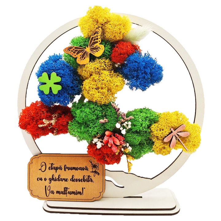 Cadou Special – Bonsai cu Licheni Naturali Stabilizati, MDF, 20 cm, Alb, mesaj O etapa frumoasa cu