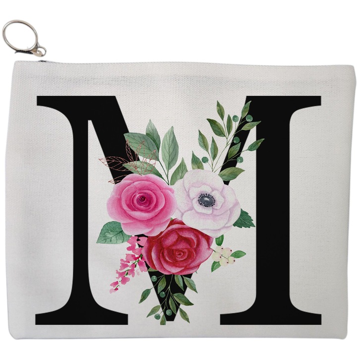 Portfard Cosmetice tip Plic, Cu litera M si Trandafiri, 23x18 cm, Alb, BEKZ®