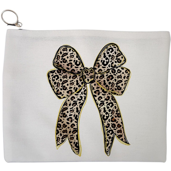 Portfard Cosmetice tip Plic, model Leopard Bow, 23x18 cm, Alb, BEKZ®