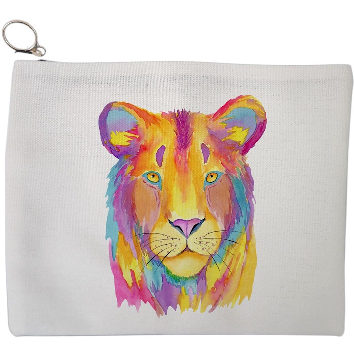 Portfard Cosmetice tip Plic, model Watercolor Lion, 23x18 cm, Alb, BEKZ®