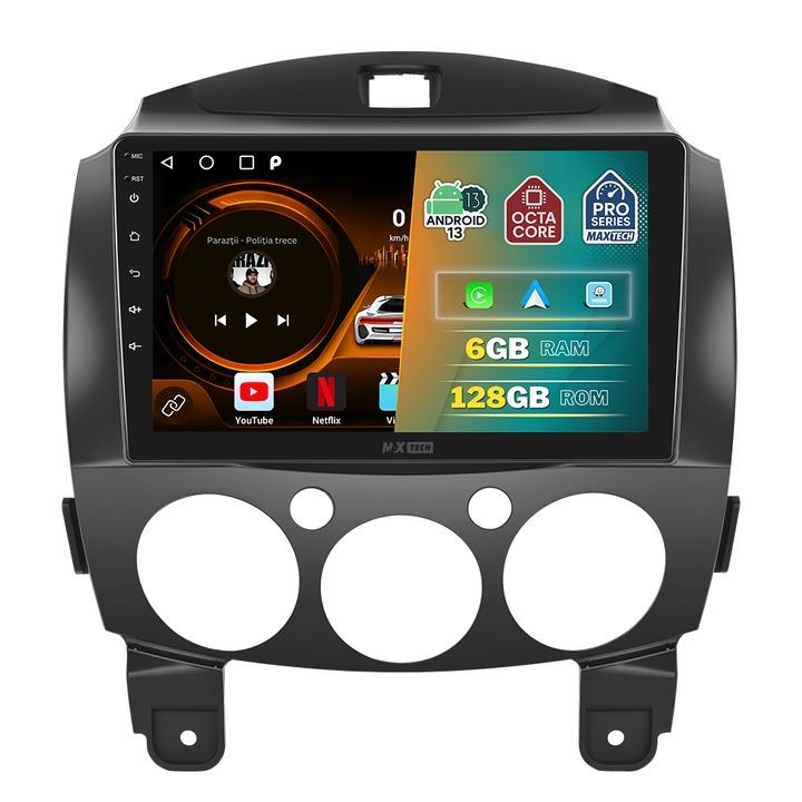 Navigatie Mazda 2 (2007-2014) dedicata, MaxTech® PRO SERIES, 6 GB Ram 128 GB Rom OctaCore, Carplay & Android auto, Ecran 9” HD Touch, GPS, Wifi, Bluetooth, Radio, USB, EQ, DSP, Waze