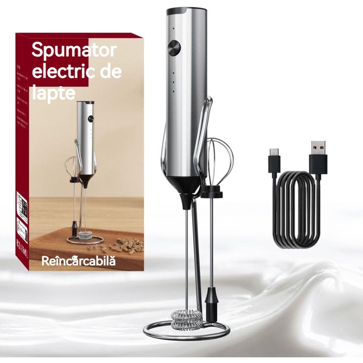 Преносим разпенител за мляко, Nierpro, презареждащ се с USB, неръждаема стомана, с 2 глави, 3 настройки за скорост, 1 стойка, идеален за капучино, кафе лате, горещ шоколад, сребрист