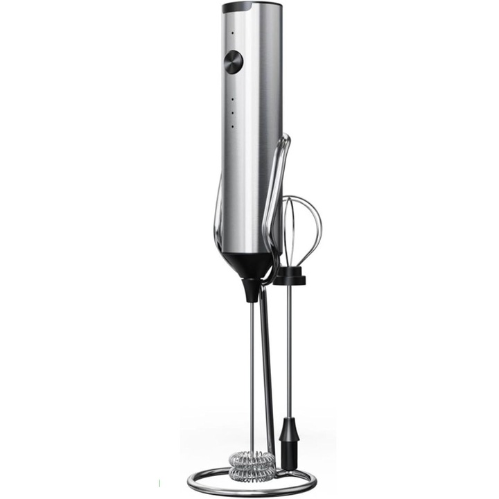 Spumator de lapte portabil, Nierpro, reincarcabil USB, din otel inoxidabil, cu 2 capete,3 trepte de viteza,1 suport, ideal pentru cappuccino, caffe latte, ciocolata calda, argintiu