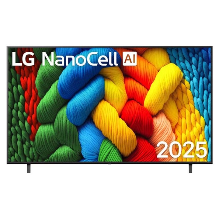 Телевизор LG 75NANO80A3B, 75" 4K HDR Smart Nano Cell TV, 3840x2160, DVB-T2/C/S2, AI Alpha 7, HDR 10 PRO, webOS 25, ThinQ AI, VRR, ALLM, HGiG, WiFi, Clear Voice, AI Upscaling, Bluetooth, Hdmi e-ARC, CI, LAN, AirPlay2, Chromecast, 2 Pole stand, 75NANO80A3B