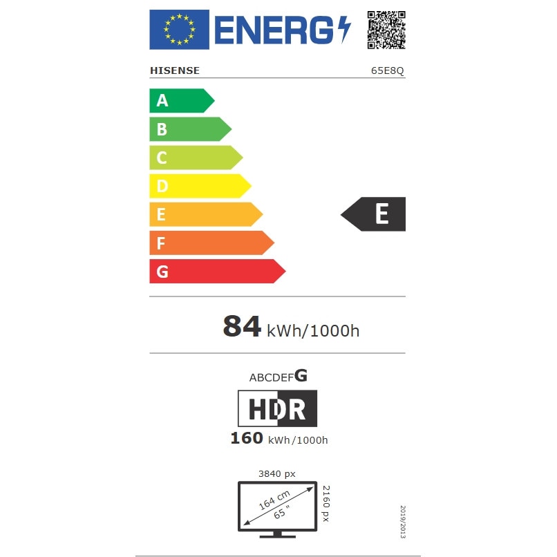 Televizor Hisense 65" E8Q, 4K Ultra HD 3840x2160, ULED, Quantum Dot, 144 Mhz, HDR 10+, HLG, Dolby Vision, Smart TV, senzor de lumina, WiFi Direct, BT, Anyview Cast, incorporat, subwoofer, 4xHDMI, 2xUSB, LAN, CI+, DVB-T2/C/S2, negru 65E8Q