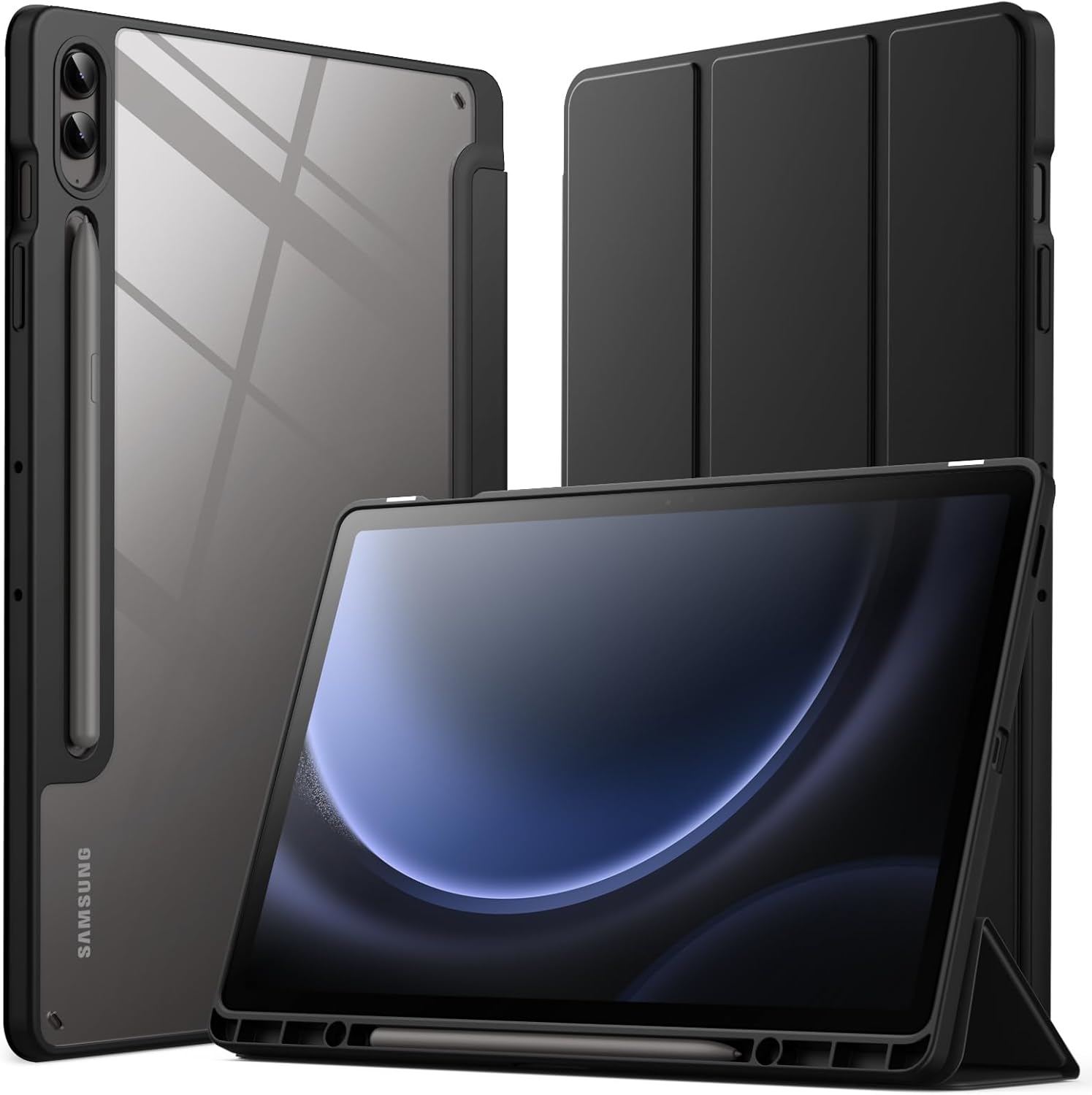 Husa premium pentru Samsung Galaxy Tab S10+/S9+/S9Fe+, 12.4", Sigloo, interior de piele sintetica, suport Smart Pen, spatele din policarbonat transparent, rezistent la socuri, Black
