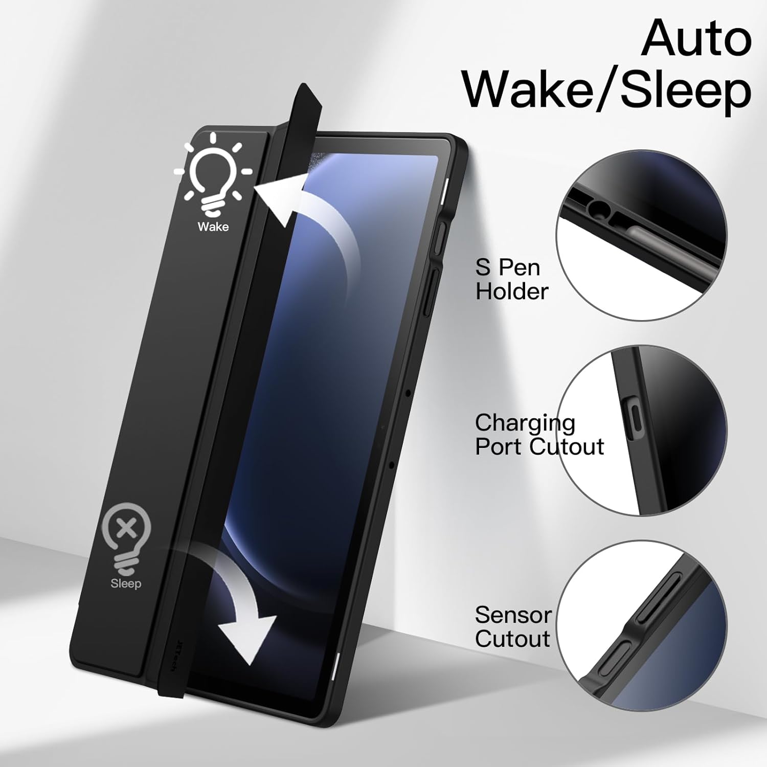 Husa premium pentru Samsung Galaxy Tab S10+/S9+/S9Fe+, 12.4", Sigloo, interior de piele sintetica, suport Smart Pen, spatele din policarbonat transparent, rezistent la socuri, Black