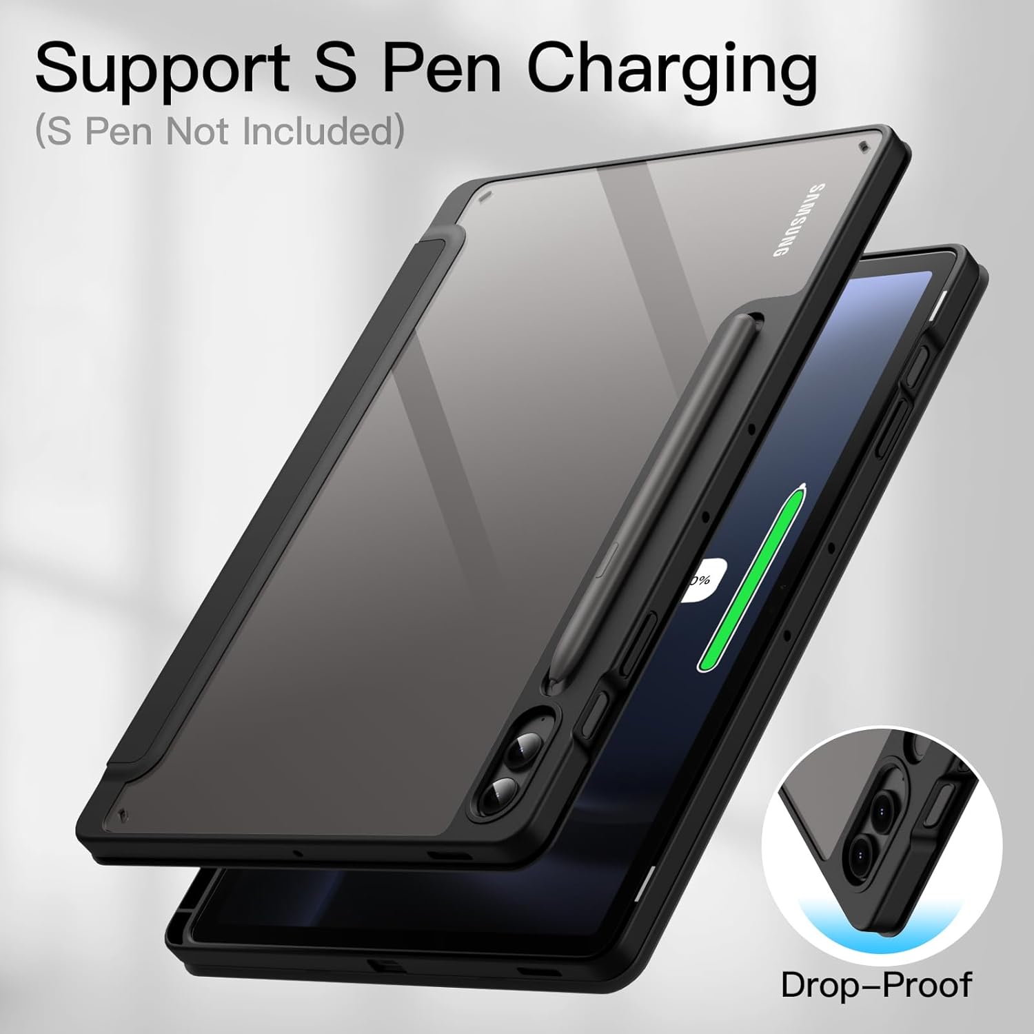 Husa premium pentru Samsung Galaxy Tab S10+/S9+/S9Fe+, 12.4", Sigloo, interior de piele sintetica, suport Smart Pen, spatele din policarbonat transparent, rezistent la socuri, Black