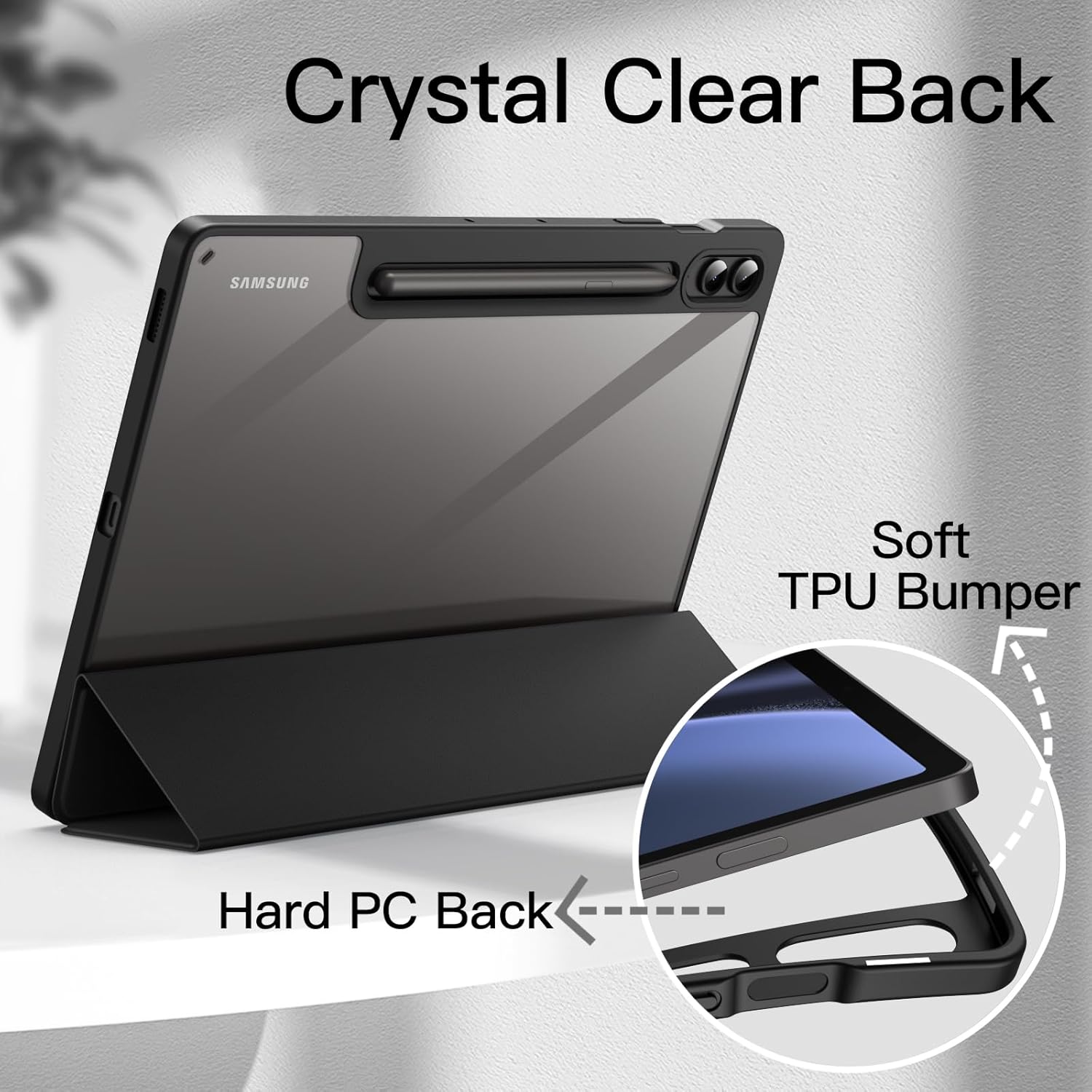 Husa premium pentru Samsung Galaxy Tab S10+/S9+/S9Fe+, 12.4", Sigloo, interior de piele sintetica, suport Smart Pen, spatele din policarbonat transparent, rezistent la socuri, Black