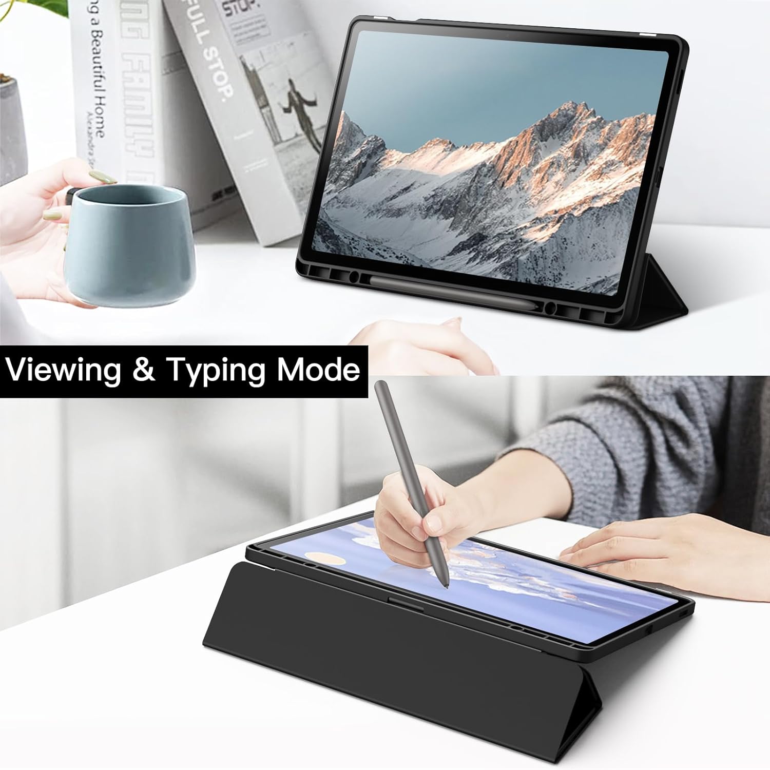 Husa premium pentru Samsung Galaxy Tab S10+/S9+/S9Fe+, 12.4", Sigloo, interior de piele sintetica, suport Smart Pen, spatele din policarbonat transparent, rezistent la socuri, Black