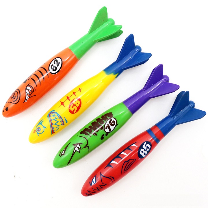 Set 4 torpile jucarie pentru piscina, scufundare usoara, colorate, jucarii apa copii, cadou vara, antrenament inot