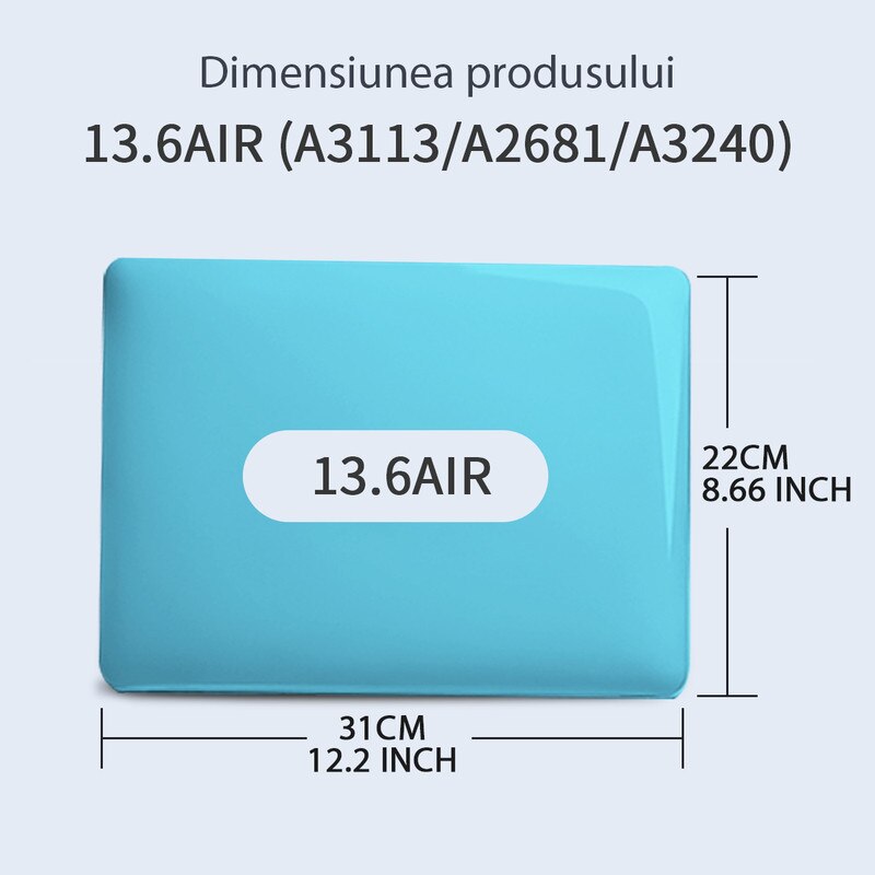 Carcasa Laptop pentru MacBook Air 13 inch (2025, 2024, 2023, 2022) versiunea M4 A3240, M3 A3113, M2 A2681, carcasa de protectie rigida din cristal, compatibila cu MacBook Air 13,6 inch, albastru aqua