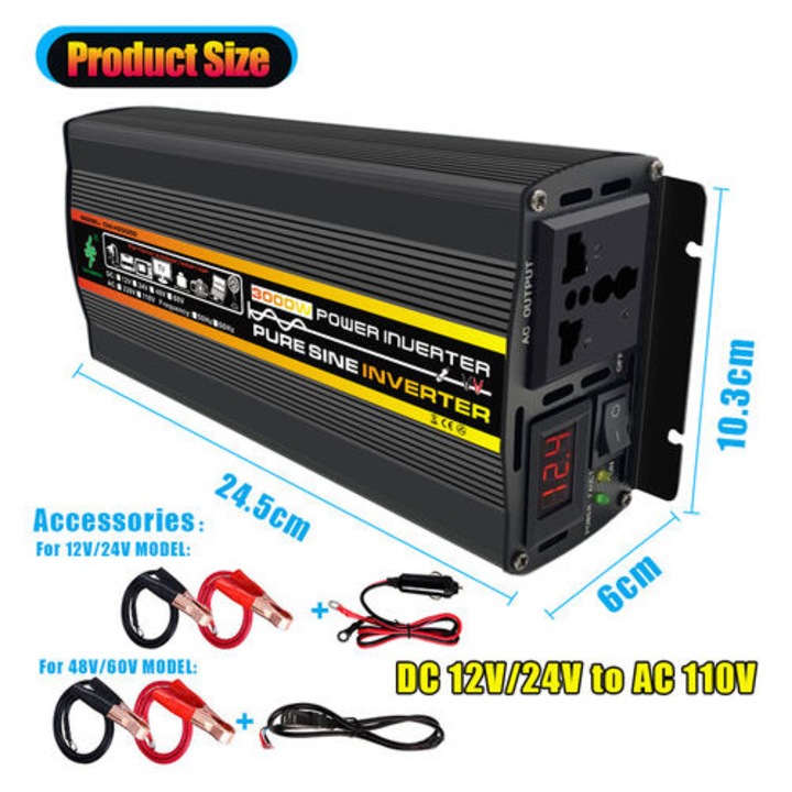 Invertor putere HERUSI HZ3000 unda sinus pur 12V 3000W 21x10.3x6cm