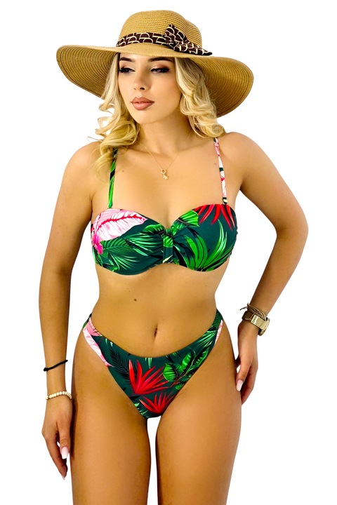 Costum de baie doua piese TROPIQ, cu slip brazilian si sutien cu push up, Verde, Marimea 38, FashionForYou