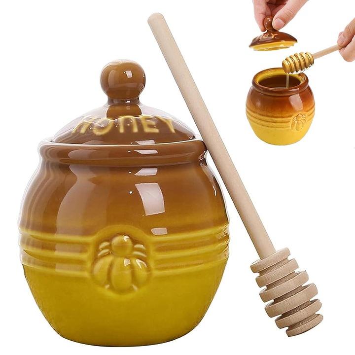 Mézesüveg, BOMSTOM, kerámia, fakanállal, űrtartalom 250ml, sárga+barna, 12x9,3cm