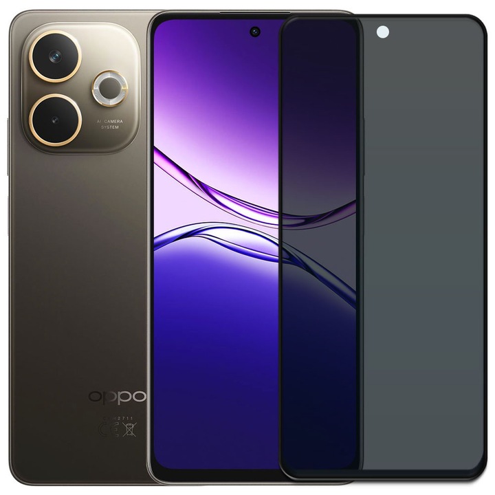 Folie din sticla securizata pentru Oppo A5 Pro (4G / 5G), HAMSTERBOX Privacy Shield, Protectie completa ecran, Full face, Aplicare rapida, Case Friendly, Negru