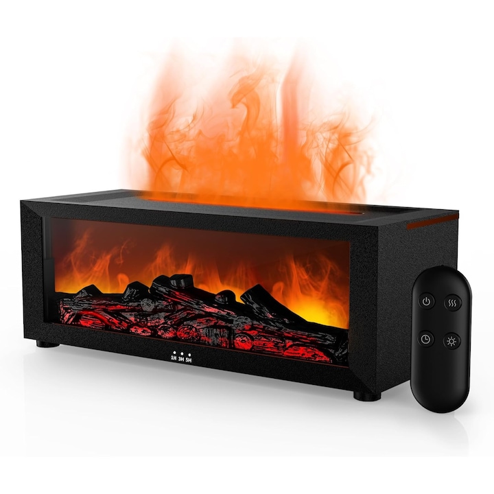 Légnedvesítő kandallóláng-hatással, illóolaj aromaterápiás diffúzor, csendes, 200 ml-es űrtartalom, 7 szín, USB C típusú tápegység, távirányító, időzítő, fekete