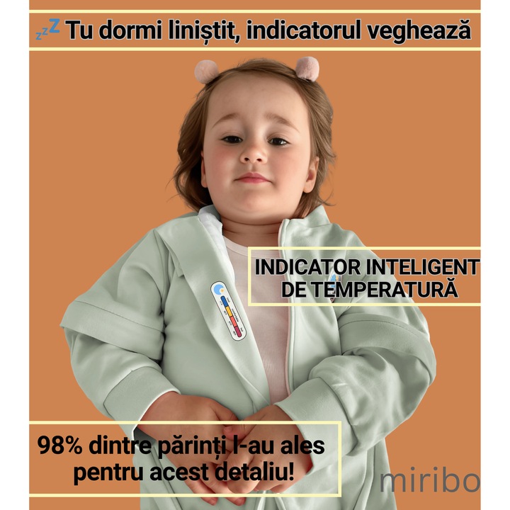 Sac de Dormit cu Picioare pentru Copii, Primavara- Vara, 1-2.5 ani, 1 TOG, 100% Bumbac, Maneci Detasabile, cu Indicator de Temperatura, Culoare Verde Menta, Miriboo®