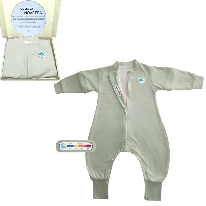 Sac de Dormit cu Picioare pentru Copii, 1-2.5 ani, 1 TOG, 100% Bumbac, Maneci Detasabile, cu Indicator de Temperatura, Culoare Verde Menta, Miriboo®