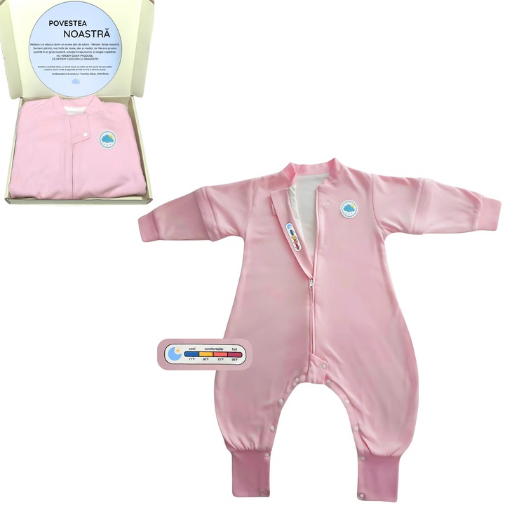 Sac de Dormit cu Picioare pentru Copii, 1-2.5 ani, 1 TOG, 100% Bumbac, Maneci Detasabile, cu Indicator de Temperatura, Culoare Roz Pudrat, Miriboo®
