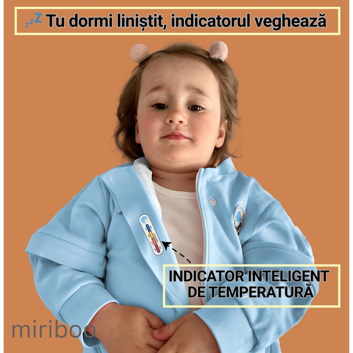 Sac de Dormit cu Picioare pentru Copii, 1-2.5 ani, 1 TOG, 100% Bumbac, Maneci Detasabile, cu Indicator de Temperatura, Culoare Albastru, Miriboo®