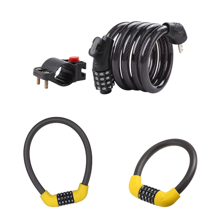 Set 3 lacate universale, antifurt, rezistente si portabile, cifru 4 si 5 cifre resetabile, impermeabile, otel spiralat, negru si galben, Bicicleta/Motocicleta/Trotineta Electrica/Scuter