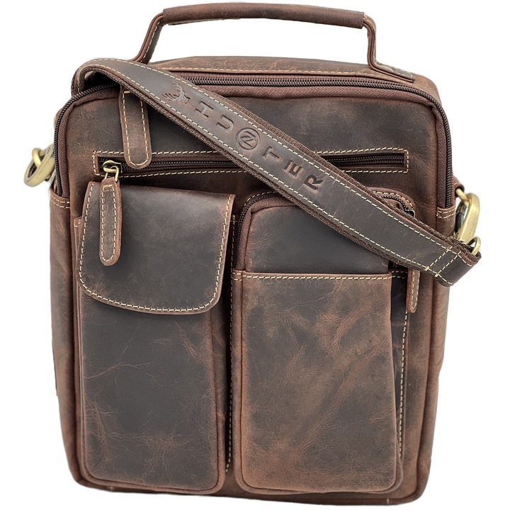 Geanta de umar barbati din Piele Naturala Hunter, Curele de Umar din piele Reglabile, Handmade, 23x28x10 cm, Culoare Maro Inchis