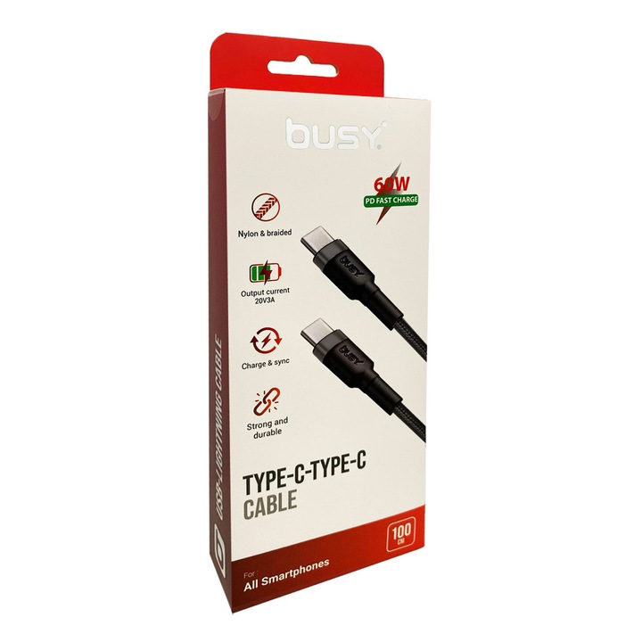 Cablu USB-C - USB-C, impletit, 60W, 1 m, negru, 50772