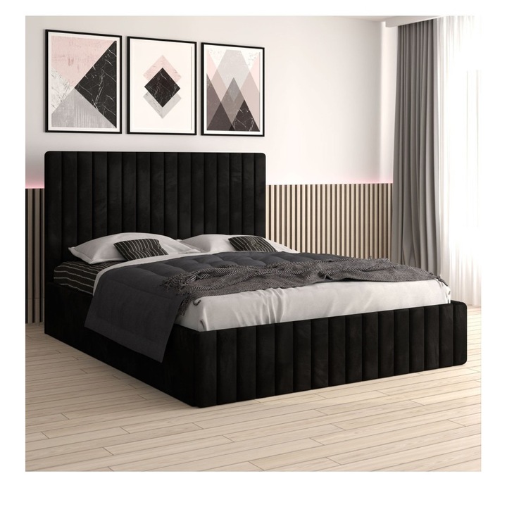 Pat Tapitat Luca Negru+ Saltea Lux Ortopedica