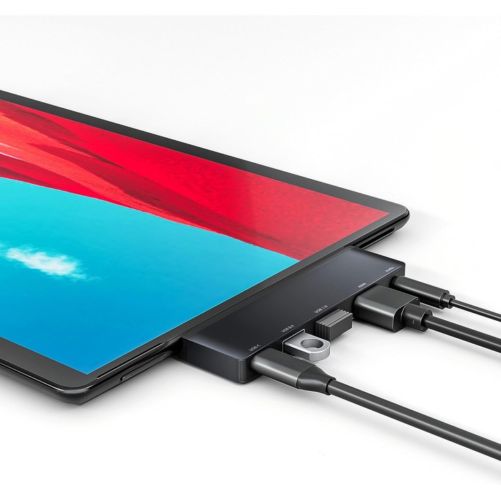 Statie de andocare HERUSI 5 in 1, HDMI 4K, USB 3.0, USB-C, negru, compacta
