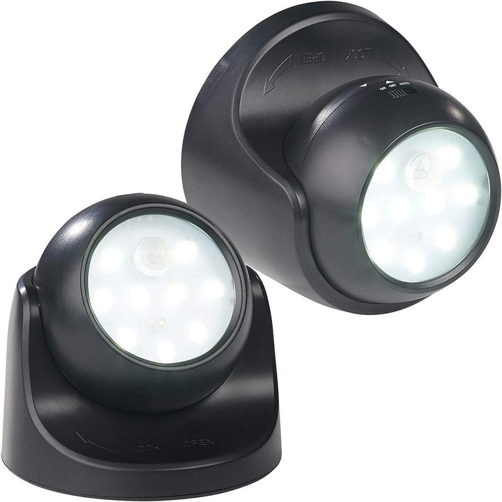 Set 2 spoturi LED wireless Herusi, senzor miscare, rotativ, alb, 10x10x10cm
