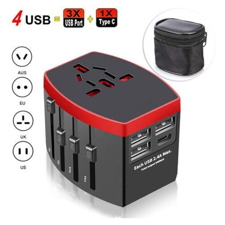 Adaptor de calatorie universal 4 porturi USB (3x USB-A + 1x USB-C), prize pentru SUA/UK/UE/AU (224 tari), 1380W AC250V 6A, 0805BM-BST3172378, negru/rosu