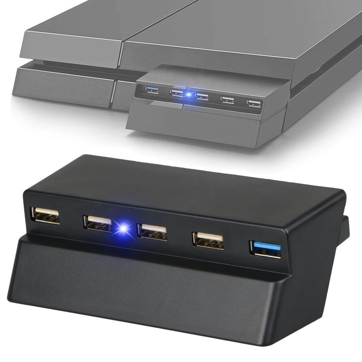 Hub USB 5 porturi Herusi pentru PS4 Slim, negru, 115x40x60mm