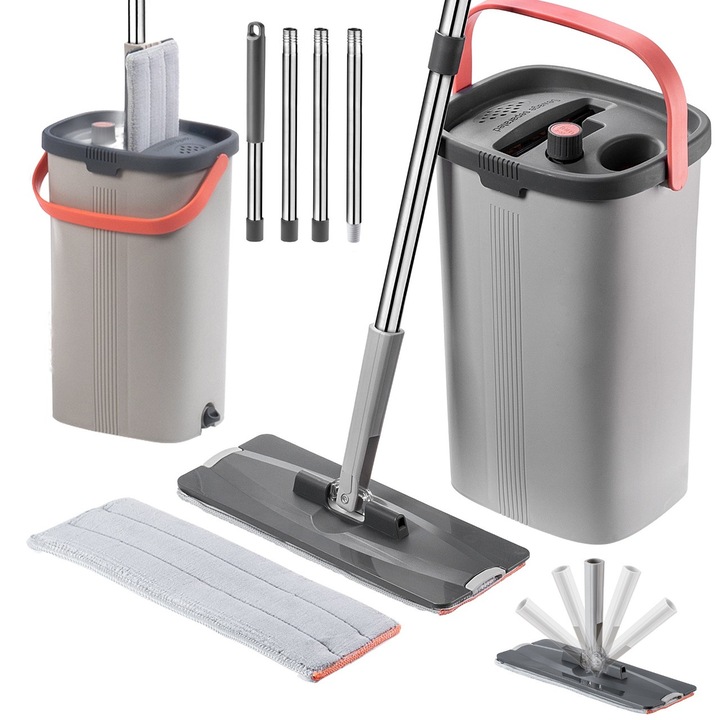 Set mop plat cu stoarcer, KADAX, galeata cu doua camere, 2 insertii, gri, portocaliu