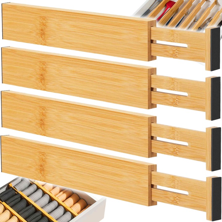 Set 4 organizatoare reglabile pentru sertar, Renew Force, Pliabil, Usor de instalat si decupat, Pentru Dulapuri si Rafturi, Marime Ajustabila 43 - 56 cm, Protectii Anti Alunecare, Bambus, 56x6x1.5 cm, Natural BAM-COM