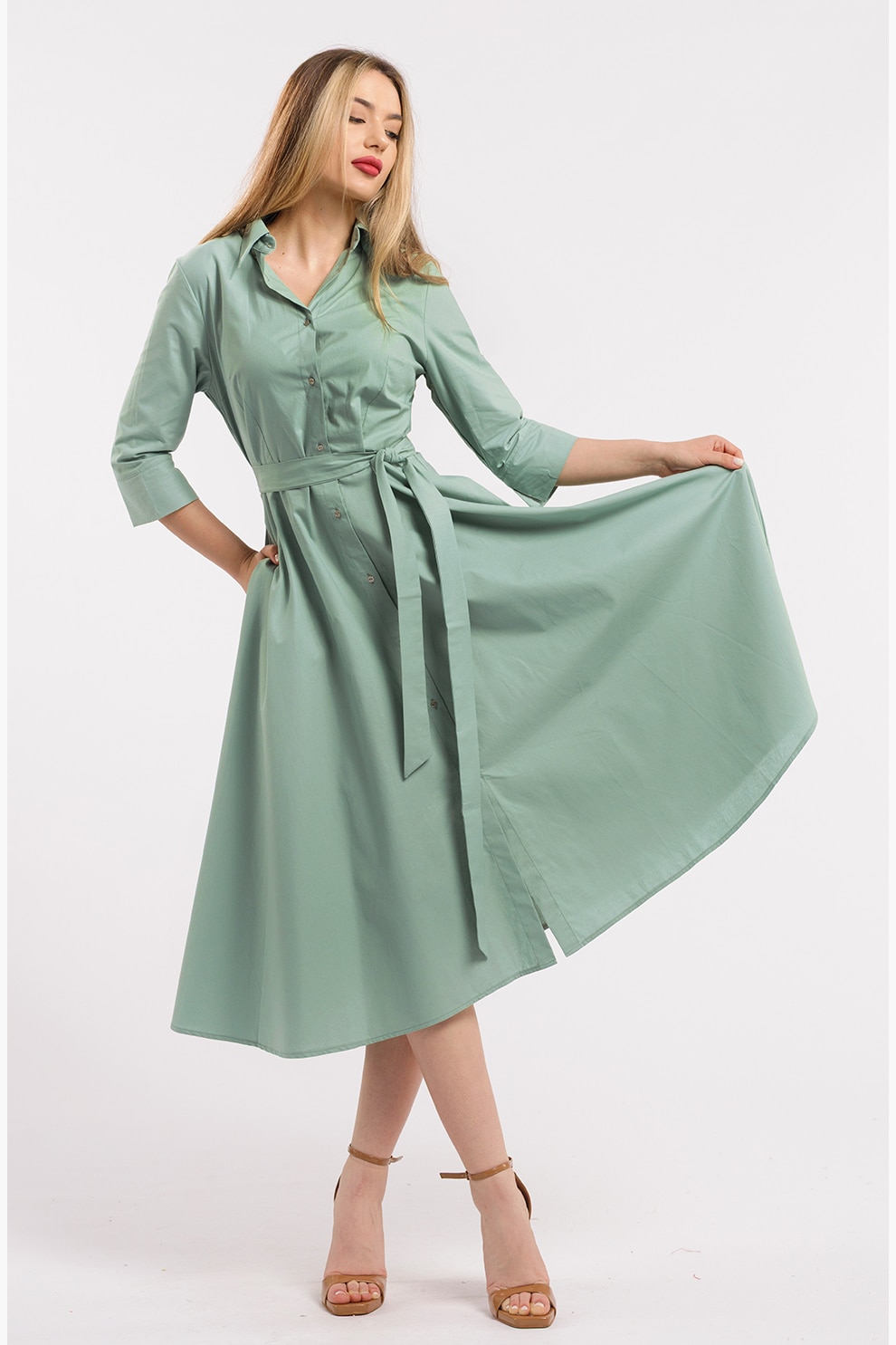 CAMISSI, Rochie-camasa evazata cu cordon in talie, Verde feriga, XL