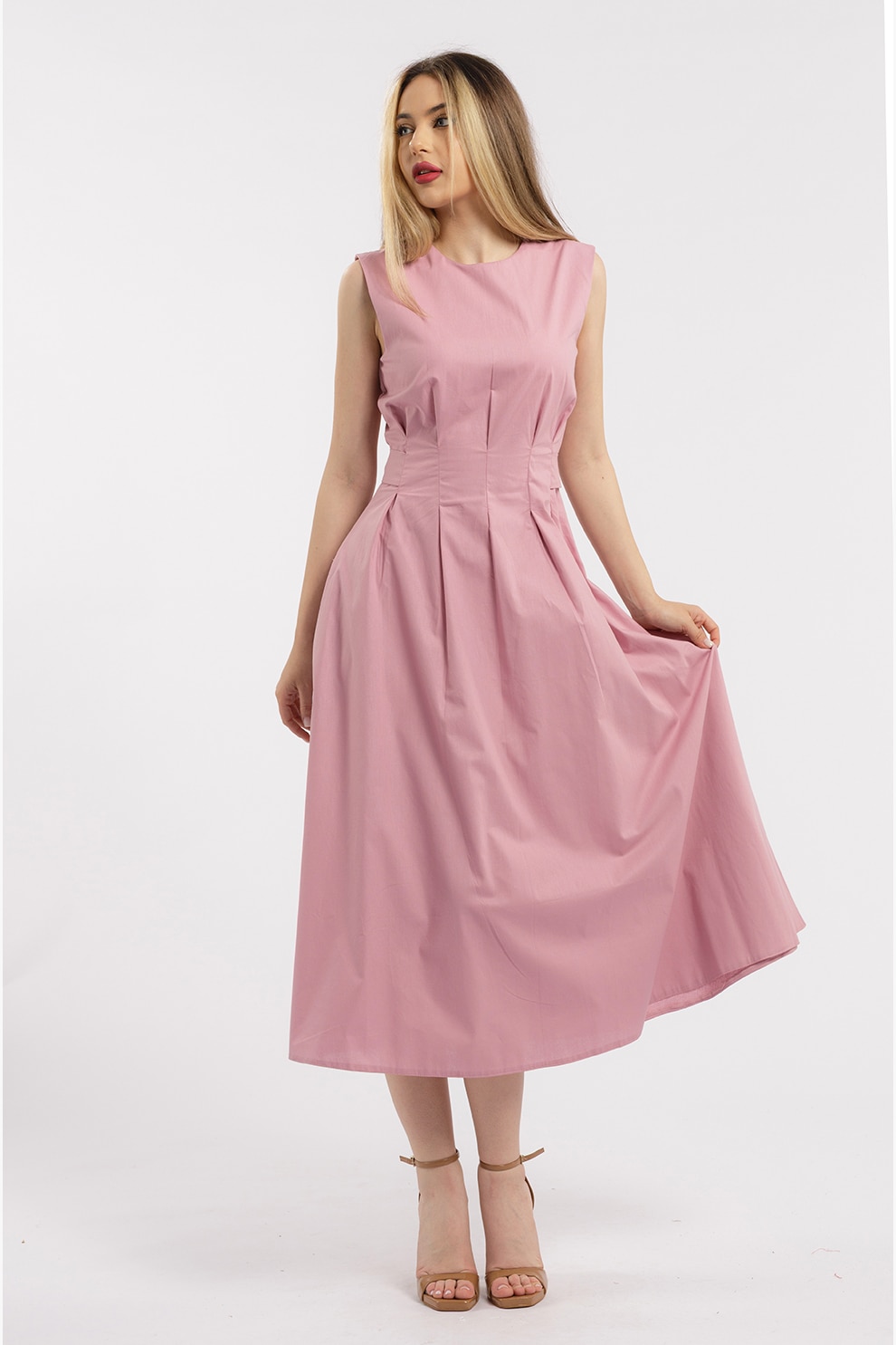 CAMISSI, Rochie uni cu buzunare laterale, Roz prafuit, L-XL
