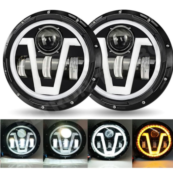 Set 2 faruri LED universale, 7 inch, cu 2 faze, semnalizare, day light, lumina alb galbena, Jeep Wrangler JK JKU CJ LJ TJ Hummer H1 H2, BZRSH