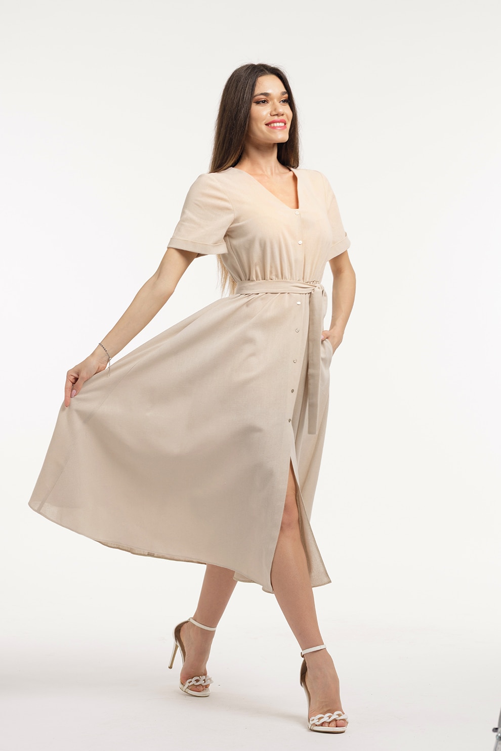 CAMISSI, Rochie-camasa cu cordon in talie, Bej, L-XL