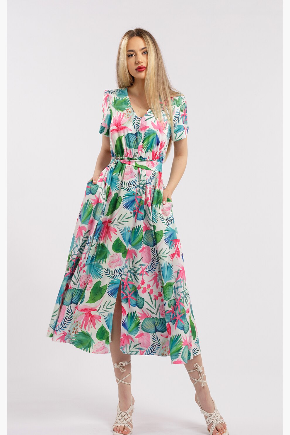 CAMISSI, Rochie-camasa cu cordon in talie, Multicolor, L-XL