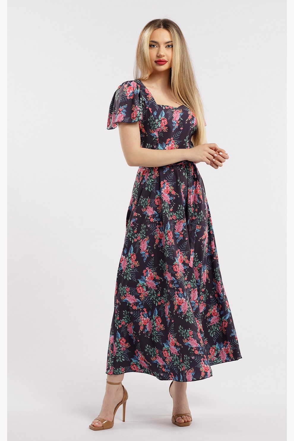 CAMISSI, Rochie maxi cu croiala in A si model, Negru, Roz, S